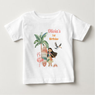 Camiseta Para Bebê Menina de 1º Aniversário Praia Tropical Verão Surf