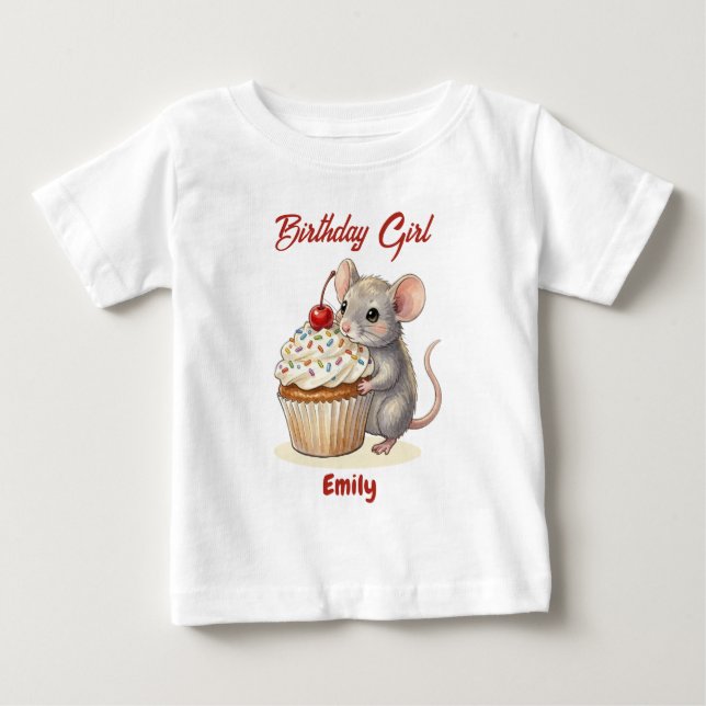 Camiseta Para Bebê Menina de Aniversário Personalizada | Ratinho Fofo (Frente)