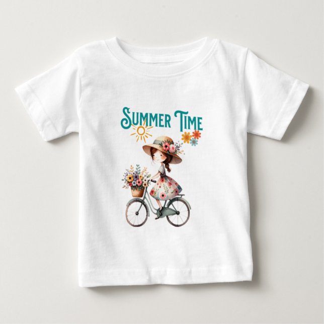 Camiseta Para Bebê Menina de Bicicleta com Flores Verão (Frente)