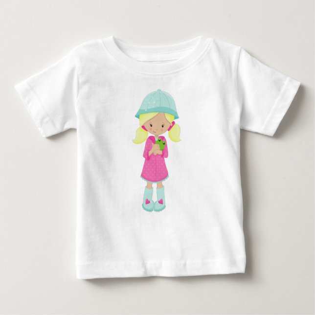 Camiseta Para Bebê Menina de capa de chuva, botas, sapo, cabelo loiro (Frente)