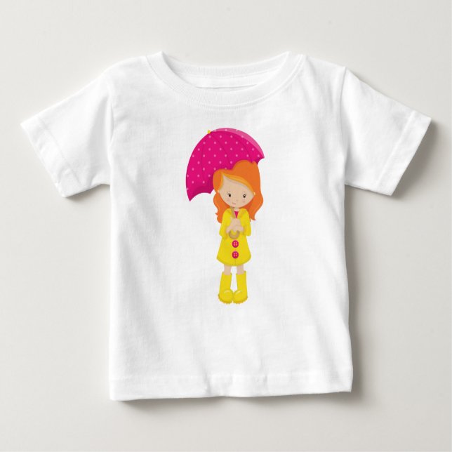 Camiseta Para Bebê Menina De Casaco De Chuva, Menina Com Guarda-Chuva (Frente)