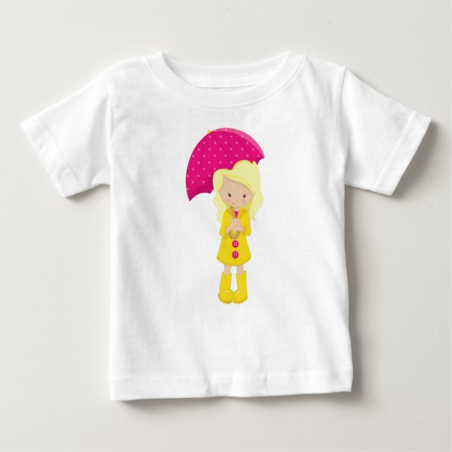 Camiseta Para Bebê Menina de Casaco de Chuva, Menina com Guarda-Chuva (Frente)
