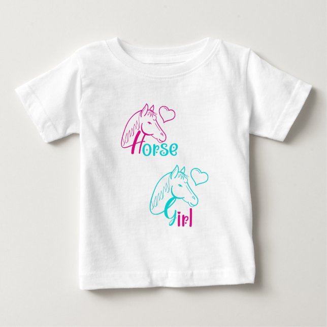 Camiseta Para Bebê Menina de Cavalo em Rosa e Turquesa (Frente)