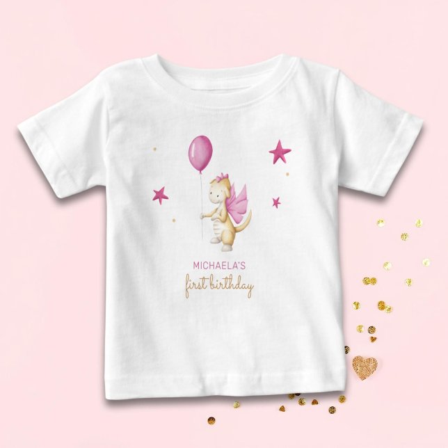 Camiseta Para Bebê Menina de Dragão Bonita Primeiro Aniversário (Criador carregado)