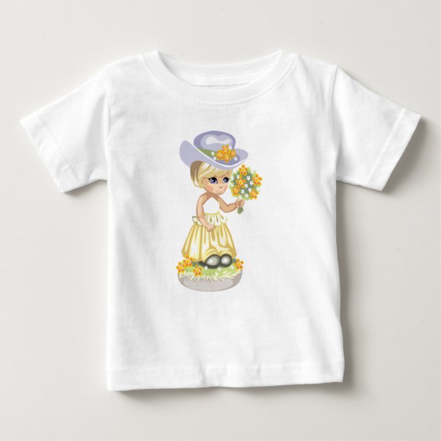Camiseta Para Bebê Menina de vestido amarelo de Páscoa segurando flor (Frente)