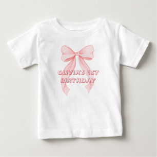 Camiseta Para Bebê Menina do Laço Rosa Primeiro Aniversário