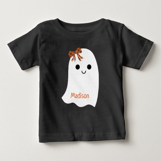 Camiseta Para Bebê Menina Ghost Xadrez Arco do Halloween Nome (Frente)