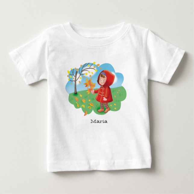 Camiseta Para Bebê Menina pequena e fofa em um casaco vermelho colhen (Frente)