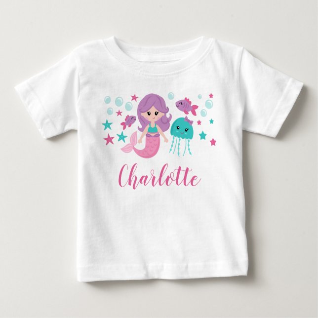 Camiseta Para Bebê Menina Personalizada de Sereia Bonita (Frente)