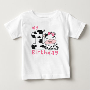 Camiseta Para Bebê Menina Vaca Sagrada Aniversário de 1 Ano 