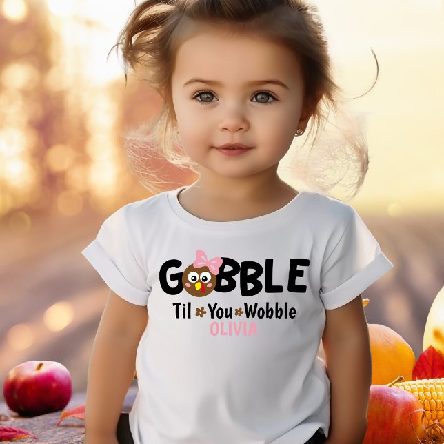 Camiseta Para Bebê Meninas, Ação de Graças, Cute Turkey Gobble Name (Criador carregado)