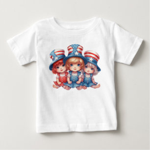 CAMISETA PARA BEBÊ MENINAS ADORÁVEIS VESTIDAS DE VERMELHO BRANCO AZUL