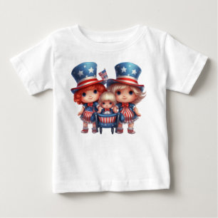 CAMISETA PARA BEBÊ MENINAS ADORÁVEIS VESTIDAS DE VERMELHO BRANCO AZUL
