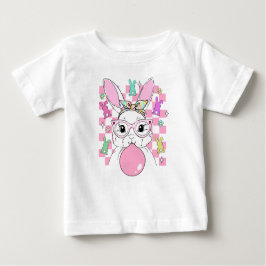 Camiseta Para Bebê Meninas Bunny de Páscoa Rosa Xadrez Retro