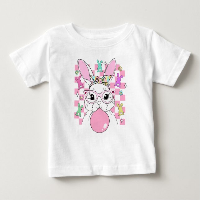 Camiseta Para Bebê Meninas Bunny de Páscoa Rosa Xadrez Retro (Frente)