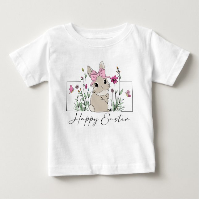 Camiseta Para Bebê Meninas Coelhinho da Páscoa Floral Primavera (Frente)