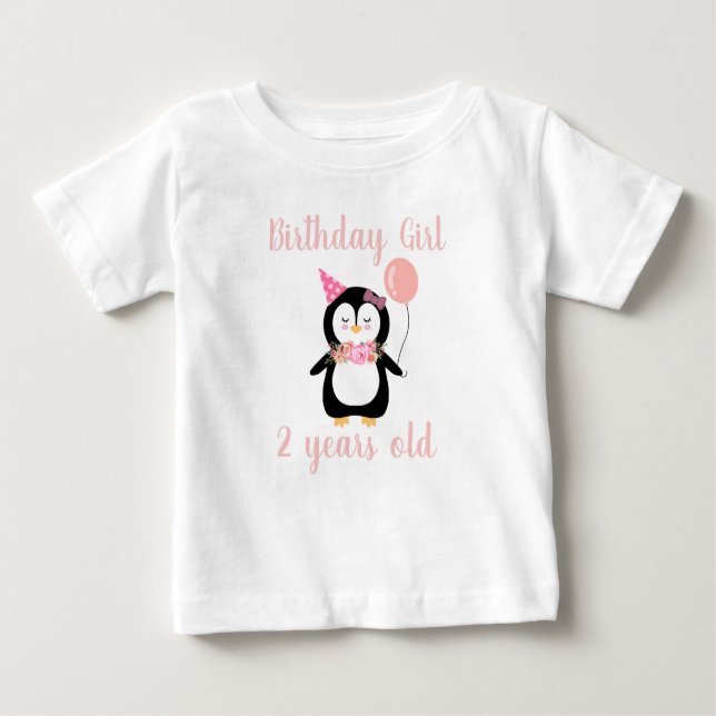 Camiseta Para Bebê Meninas Cute Pink Pinguin Nome de Aniversário e Id (Frente)