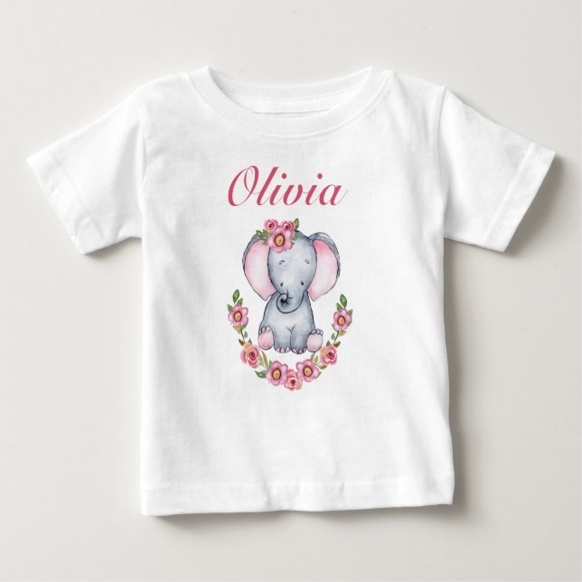 Camiseta Para Bebê Meninas de Elefantes Florais, Rosa, Bonitas (Frente)