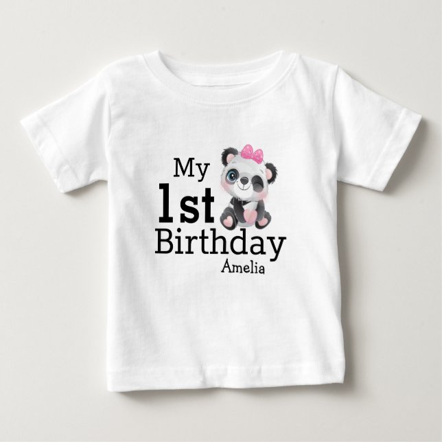 Camiseta Para Bebê Meninas de Panda Cuta Personalizadas Primeiro Aniv (Frente)