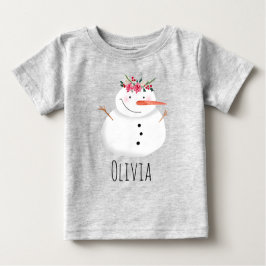 Camiseta Para Bebê Meninas Flores de Natal Bonitas Snowman e Nome
