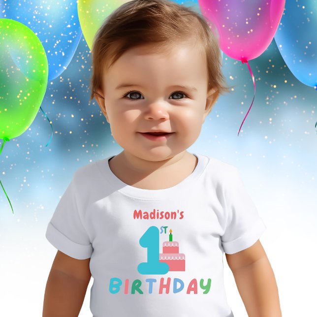 Camiseta Para Bebê Meninas Primeiro Bolo Rosa de Aniversário Personal (Criador carregado)