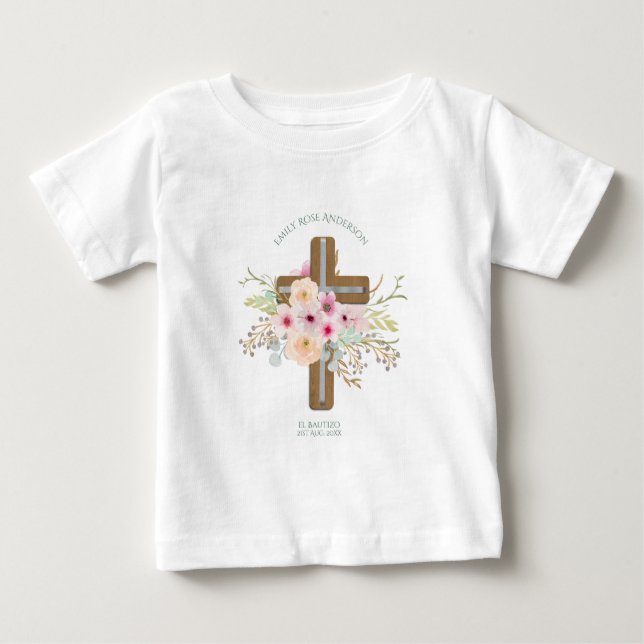 Camiseta Para Bebê Meninas Rosa floral BAUTIZO Batismo Bautismo Nomea (Frente)