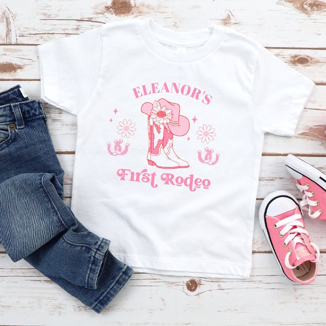 Camiseta Para Bebê Meninas Rosa Quente Primeiro Rodeio Aniversário de (Girls Hot Pink First Rodeo 1st Birthday T-shirt, Cowgirl Boots, Western First Birthday T-shirt, )
