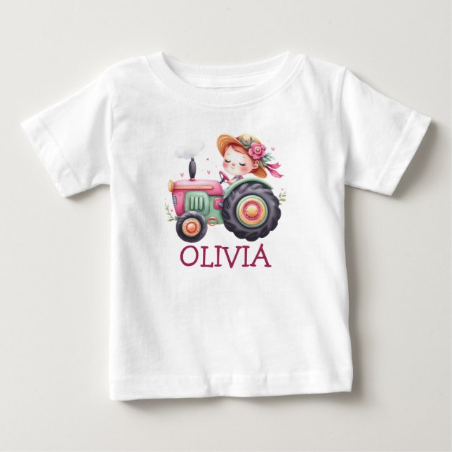 Camiseta Para Bebê Meninas Trator Rosa Fofo Personalizado (Frente)