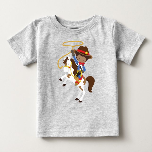 Camiseta Para Bebê Menino Afro-Americano, Cowboy, Xerife, Laço (Frente)