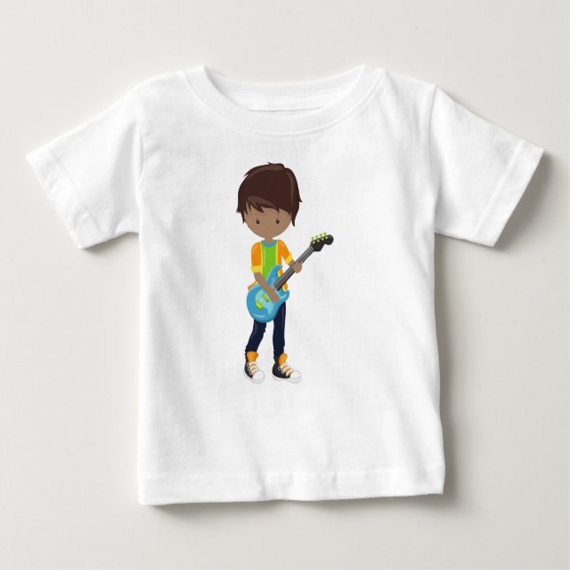 Camiseta Para Bebê Menino Afro-Americano, Menino do Rock, Tocador de  (Frente)