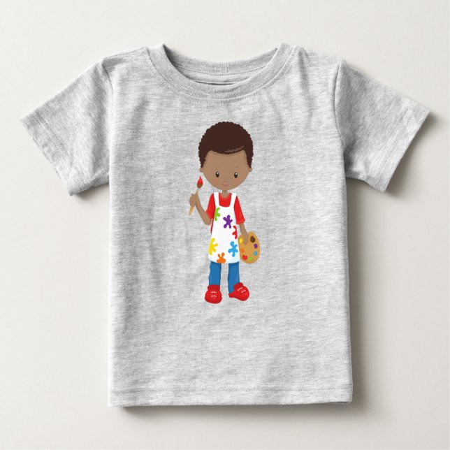 Camiseta Para Bebê Menino Afro-Americano, Pintor, Artista de Pintura, (Frente)