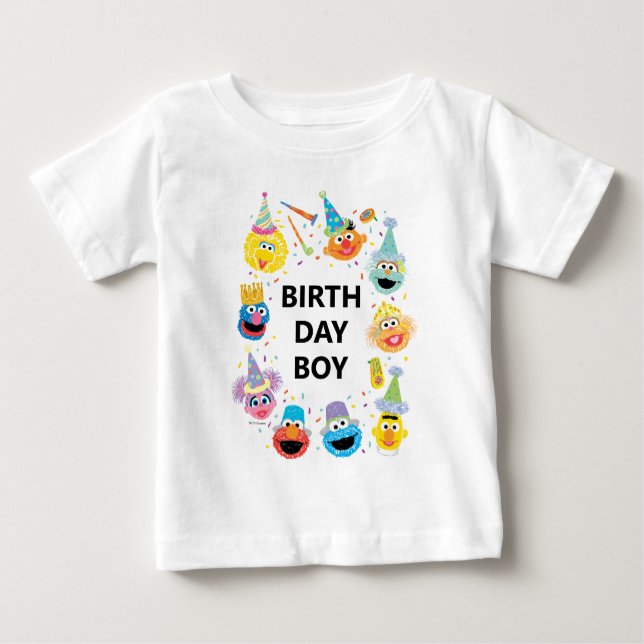 Camiseta Para Bebê Menino Aniversariante com Confetes do Vila Sésamo (Frente)
