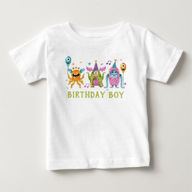 Camiseta Para Bebê Menino Aniversariante Monstrinho  (Frente)