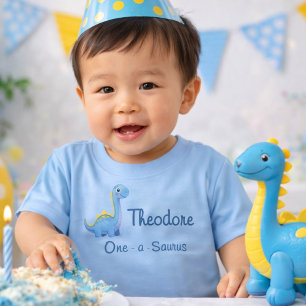 Camiseta Para Bebê Menino Bonito Azul Aquarela Um-a-Sauro 1º Aniversá