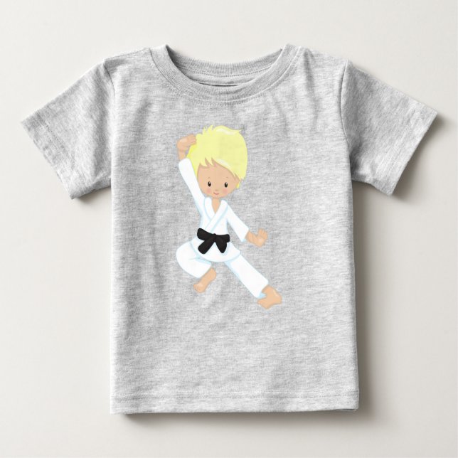 Camiseta Para Bebê Menino de Karatê, Menino Fofo, Faixa Preta, Cabelo (Frente)
