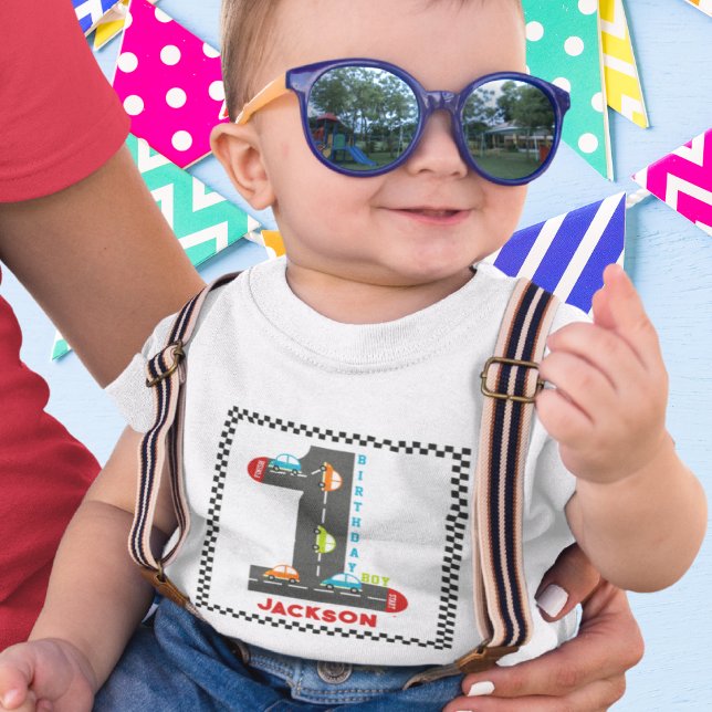 Camiseta Para Bebê Menino de Primeiro Aniversário de Carros de Corrid (Criador carregado)