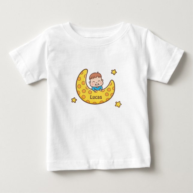 Camiseta Para Bebê Menino Fofo na Lua Baby Tee (Frente)