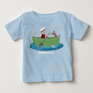 Camiseta Para Bebê Menino marinheiro fofo e cachorro remando barco de