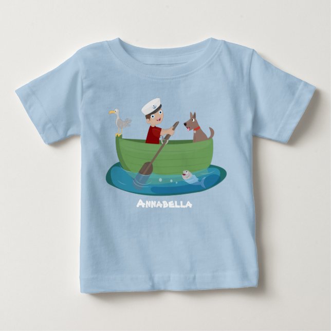 Camiseta Para Bebê Menino marinheiro fofo e cachorro remando barco de (Frente)