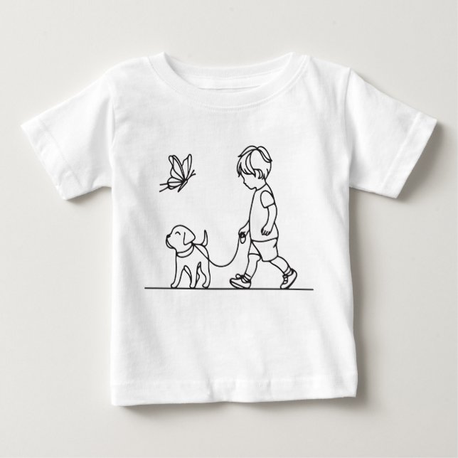 Camiseta Para Bebê Menino passeando com seu cachorro filhote (Frente)