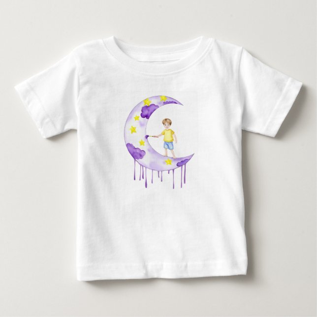 Camiseta Para Bebê Menino Pintando Lua Crescente  (Frente)