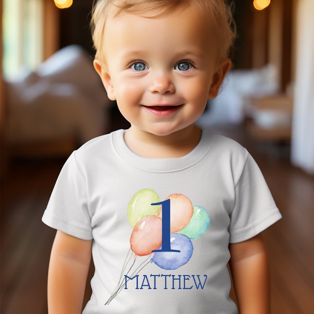 Camiseta Para Bebê Menino Primeiro Aniversário com Nome e Balões (Change the number to ANY AGE!)