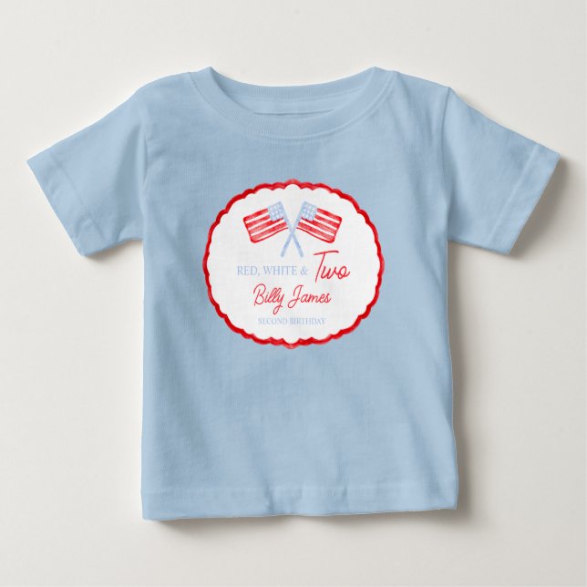 Camiseta Para Bebê Meninos Preppy Vermelho Branco & Dois Aniversários (Frente)