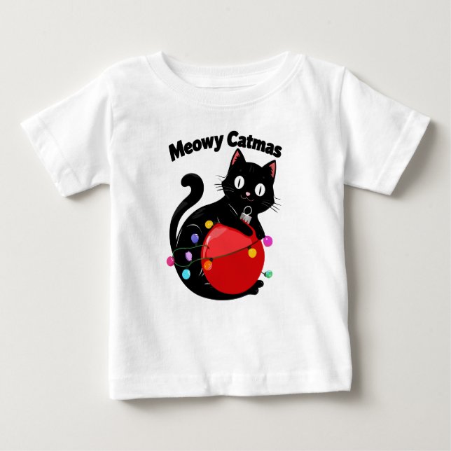Camiseta Para Bebê Meowy Catmas - Cat with Christmas ornament (Frente)