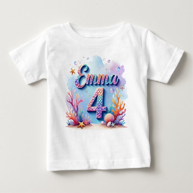 Camiseta Para Bebê Mermaid Birthday T-Shirt – Personalized Name & Age (Frente)