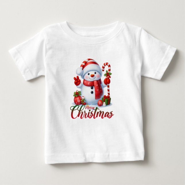 Camiseta Para Bebê Merry Christmas Cute Snowman Illustration Tee (Frente)