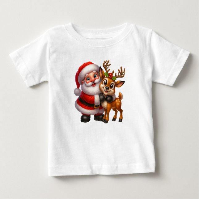 Camiseta Para Bebê Merry Christmas Santa and Deer T-shirt (Frente)