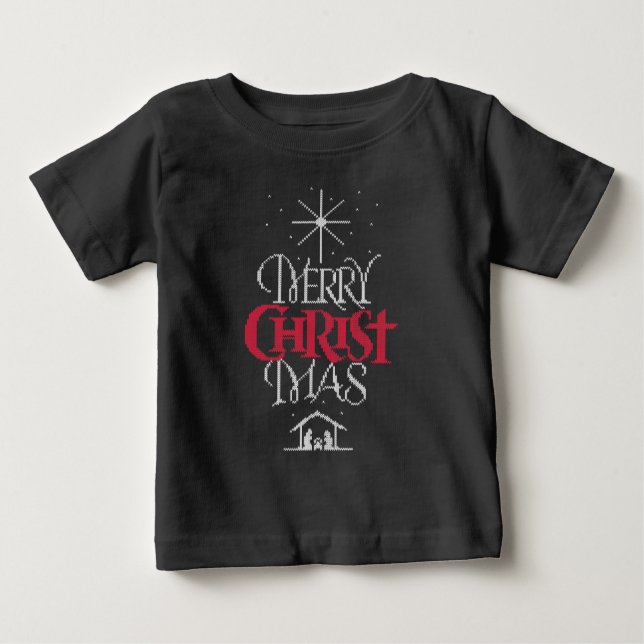 Camiseta Para Bebê Merry CHRISTmas Ugly Sweater Cristão Religioso (Frente)