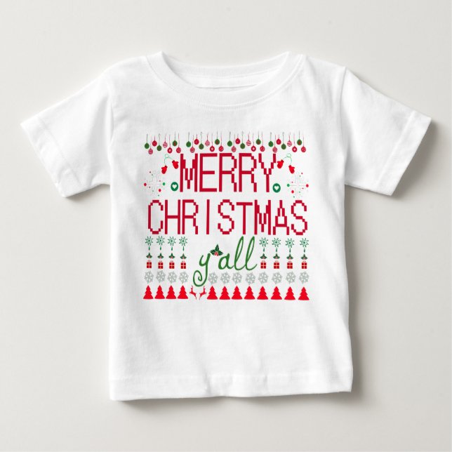 Camiseta Para Bebê "Merry Christmas Y'all" Ugly Sweater Baby Tee (Frente)