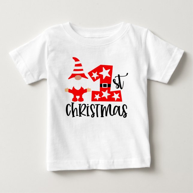 Camiseta Para Bebê Meu 1º Natal Bonito Gnome Papai Noel Moderno (Frente)
